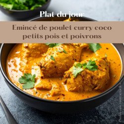 Emincé de poulet curry coco, riz aux petits pois et poivrons