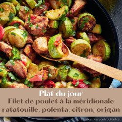 Filet de poulet à la méridionale, ratatouille, polenta, citron, origan