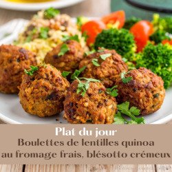 Boulettes de lentilles quinoa au fromage frais, blésotto crémeux aux légumes et fines herbes