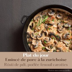 Emincé de porc à la zurichoise, rösti de pommes de terre, poêlée de fenouil et carottes