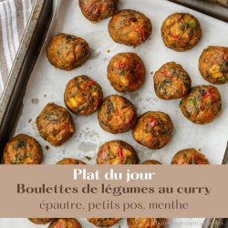 Boulettes de légumes au curry sur son épautre petits pois menthe