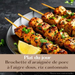 Brochette d'araignée de porc à l'aidre doux, riz cantonnais