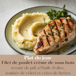 Filet de poulet crème de sous bois écrasé de pdt à l’huile d’olive, tombée de céleri et côtes de bettes