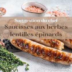 Saucisse aux herbes, moutarde ancienne, tombée de lentilles vertes du Puy et épinards au romarin