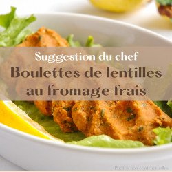 Boulettes de lentilles au fromage frais, crème de poivron, tombée de blé aux légumes