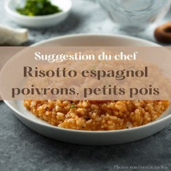Risotto espagnol : poivrons, petits pois, oignons, safran