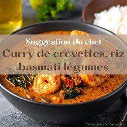 Curry de crevettes, riz basmati, poêlée d'edamame et carottes