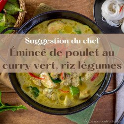 Émincé de poulet au curry vert, riz basmati et légumes asia