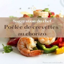 Poêlée de crevettes au chorizo, riz au safran, poivrons et petits pois