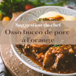 Osso bucco de porc à l'orange et cardamome, mélange de graines aux herbes, poêlée de carottes et fenouil